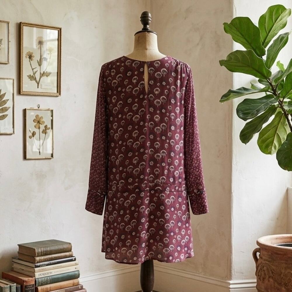 Warm NY Burgundy Dandelion Print Bohemian French Girl Dress Drop Waist Boho szS